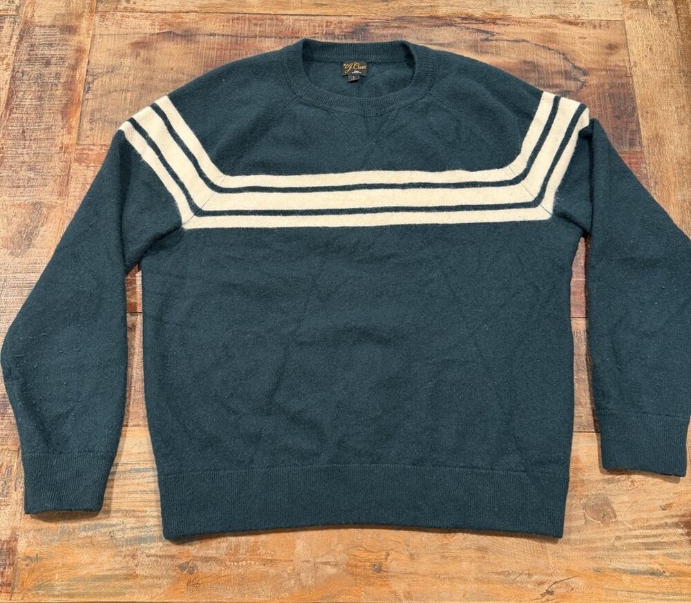 J.Crew Men’s Large 100% Cashmere Sweater Green Ivory Stripe Crewneck L